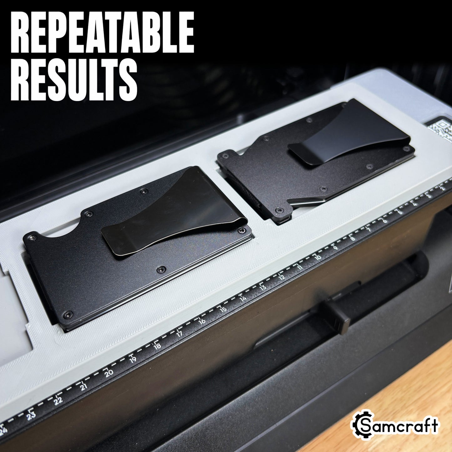 Two metal wallets with money clips seated in the Samcraft Metal Wallet Jig, showing repeatable placement
