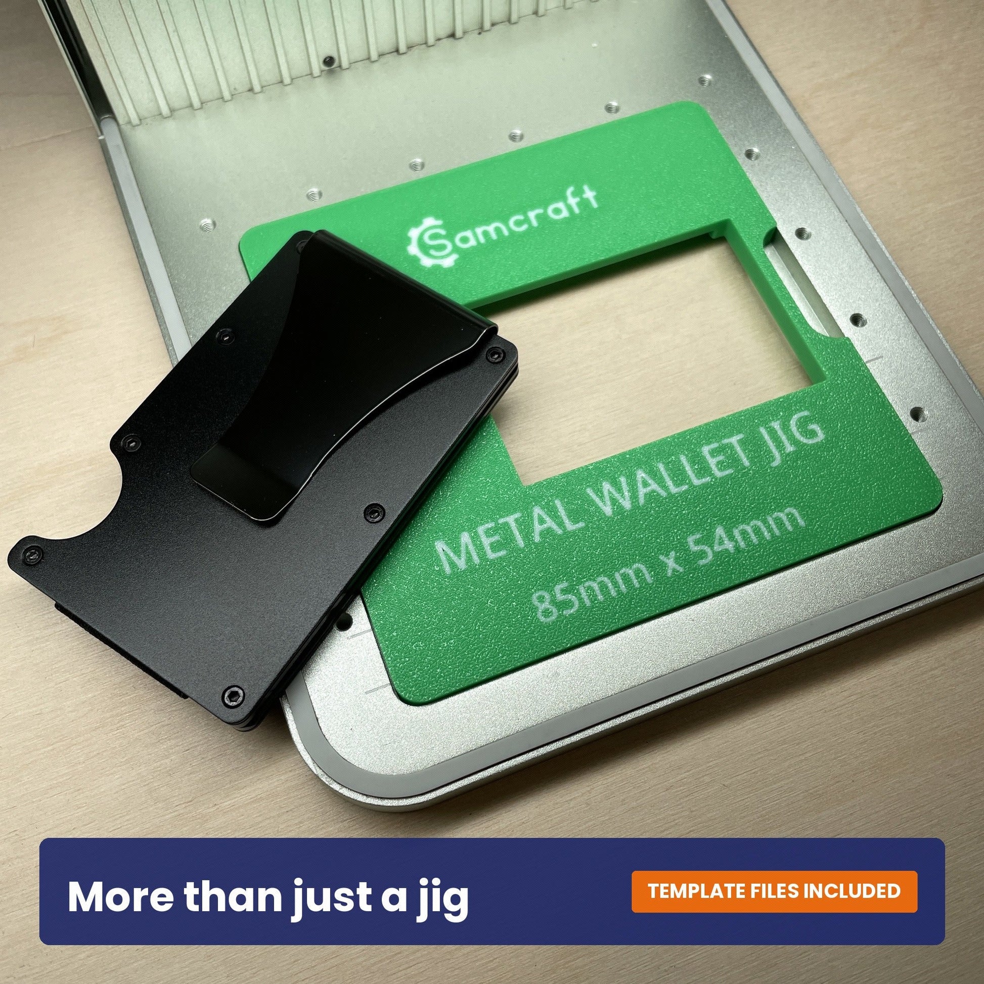 Samcraft metal wallet jig shown beside a black metal wallet, with the 85 by 54 millimetre size marked on the jig.