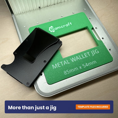 Samcraft metal wallet jig shown beside a black metal wallet, with the 85 by 54 millimetre size marked on the jig.