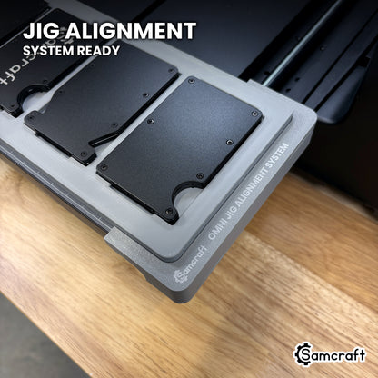 Samcraft metal wallet jig seated on the optional Samcraft Omni Jig Alignment System, the alignment system lettering visible along the edge.
