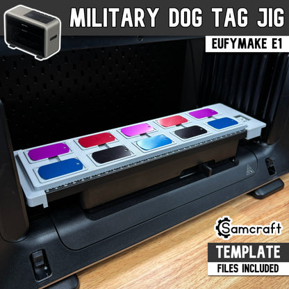 Main product image of the Samcraft Military Dog Tag Jig for the eufyMake E1 UV printer, showing the gray tray loaded with multicolored dog tags; template files included.