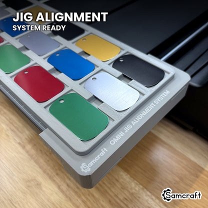 The Samcraft military dog tag jig on the Omni Jig Alignment System, the OMNI JIG ALIGNMENT SYSTEM marking and Samcraft mark clearly visible.