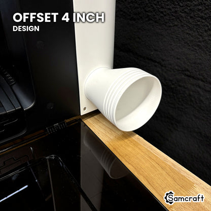 Samcraft offset exhaust adapter on the xTool Omni exhaust port with no hose, showing the offset 4 inch grooved end.
