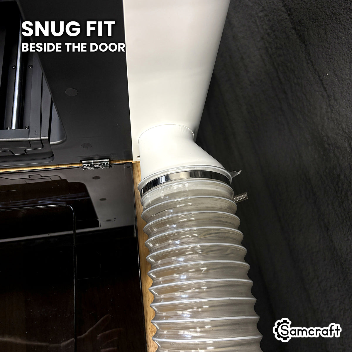 Samcraft offset exhaust adapter with a clamped 4 inch hose fitted tight beside the xTool Omni rear door hinge.