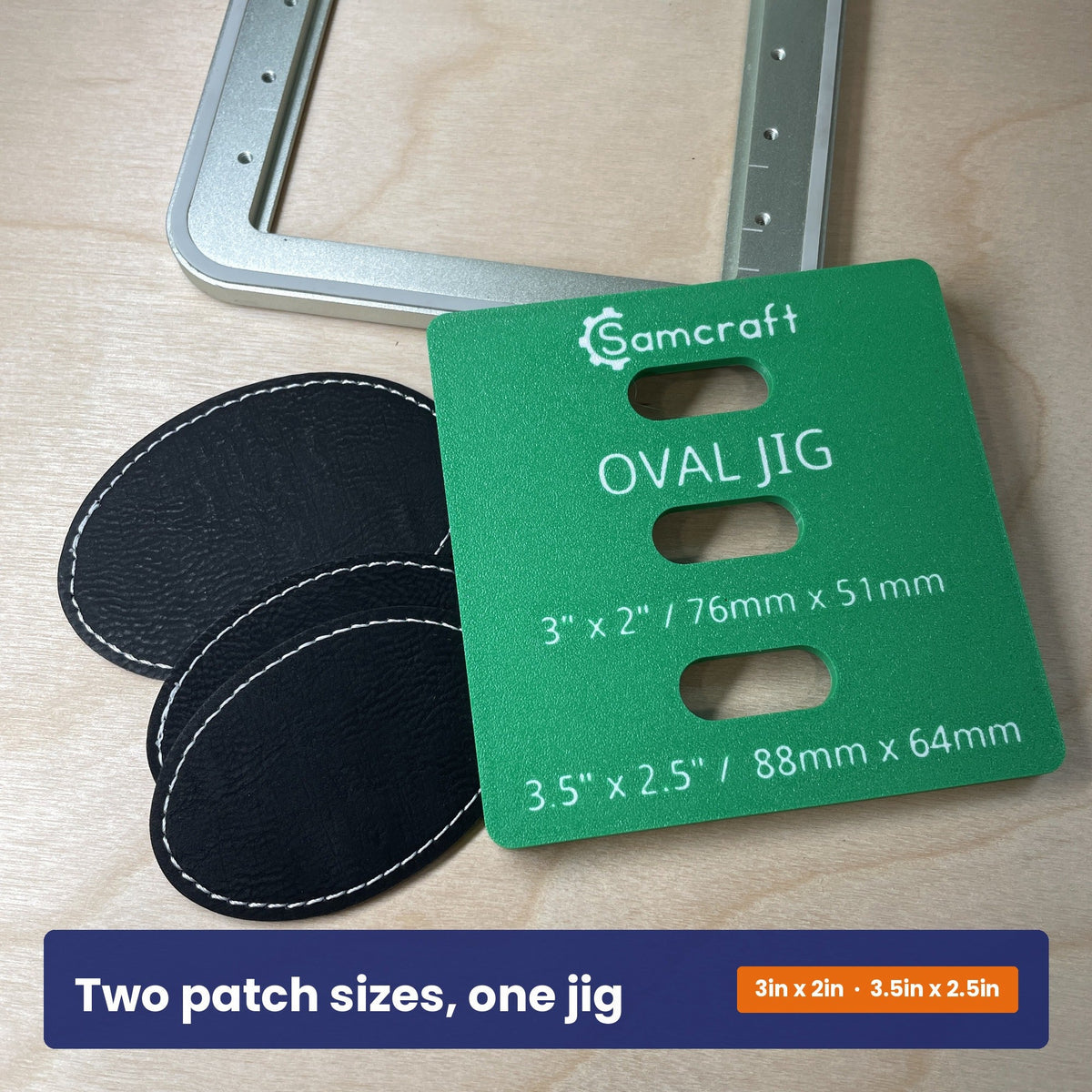 Samcraft oval patch jig shown beside two black leatherette oval patches, with both patch sizes marked on the jig.