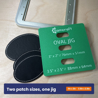Samcraft oval patch jig shown beside two black leatherette oval patches, with both patch sizes marked on the jig.