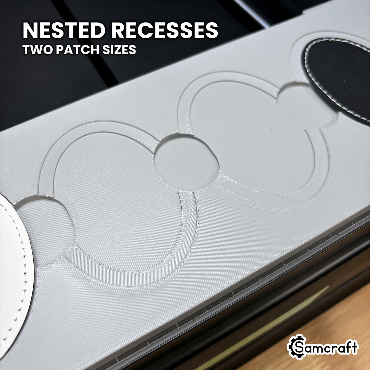 Empty nested recesses in the Samcraft xTool Omni patch jig, the outer step for the 3.5 by 2.5 inch patch and the inner one for the 3 by 2 inch.