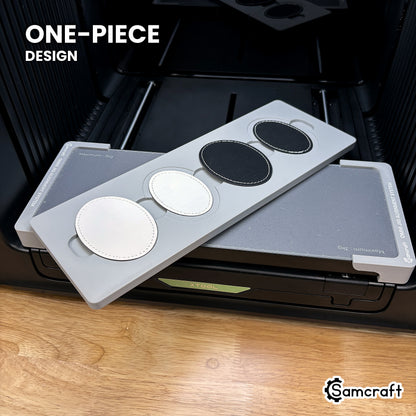 The one-piece Samcraft oval patch jig for the xTool Omni, four leatherette patches seated in a single molded tray.