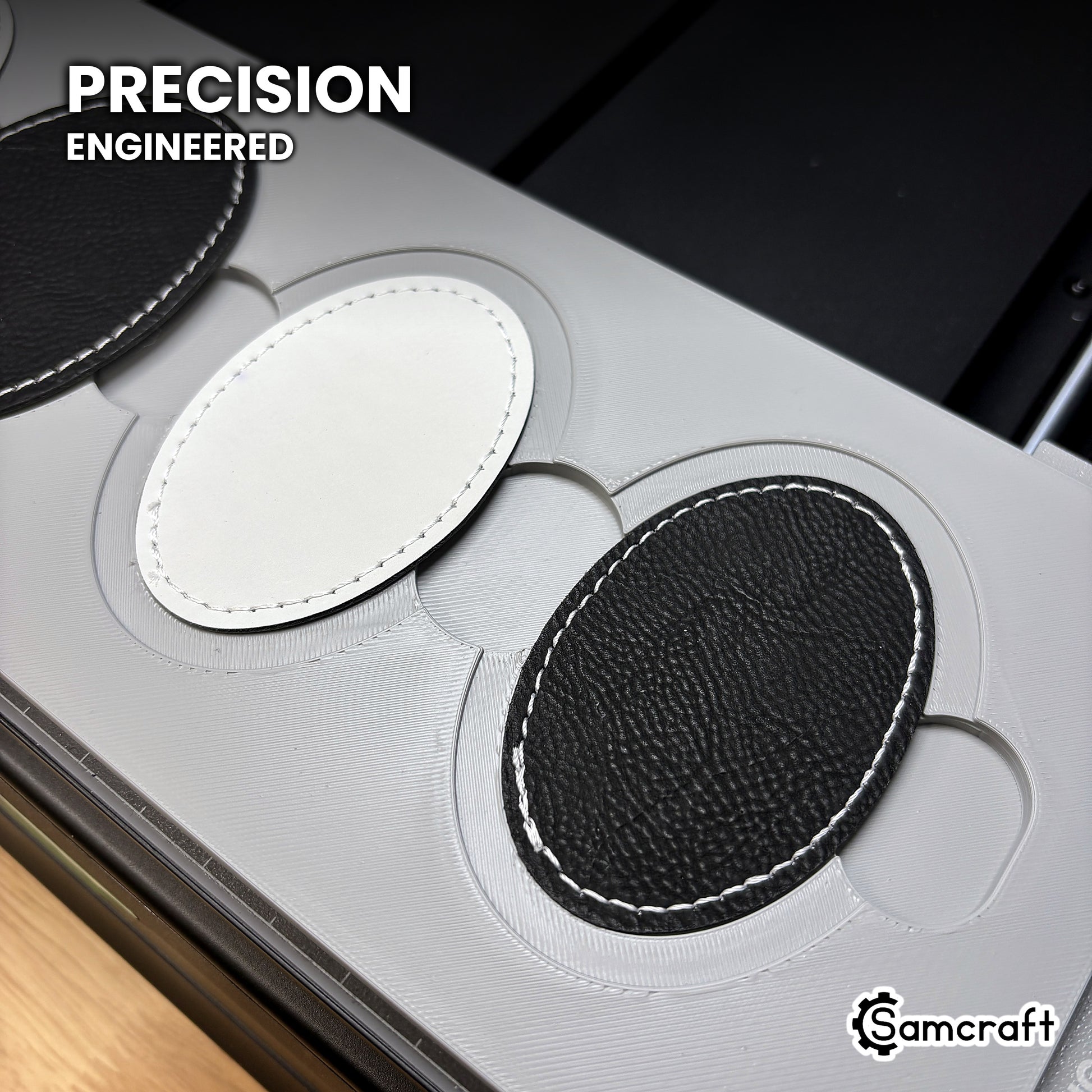 Close-up of the precision-engineered oval recesses in the Samcraft xTool Omni patch jig, with a leatherette patch seated in place.