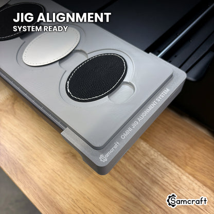 Samcraft oval patch jig seated on the optional Samcraft Omni Jig Alignment System, the alignment system lettering visible along the edge.