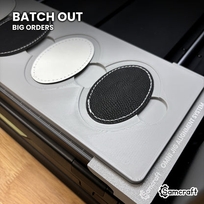 Samcraft xTool Omni oval patch jig filled with four leatherette patches, ready for club, team and merchandise batch orders.