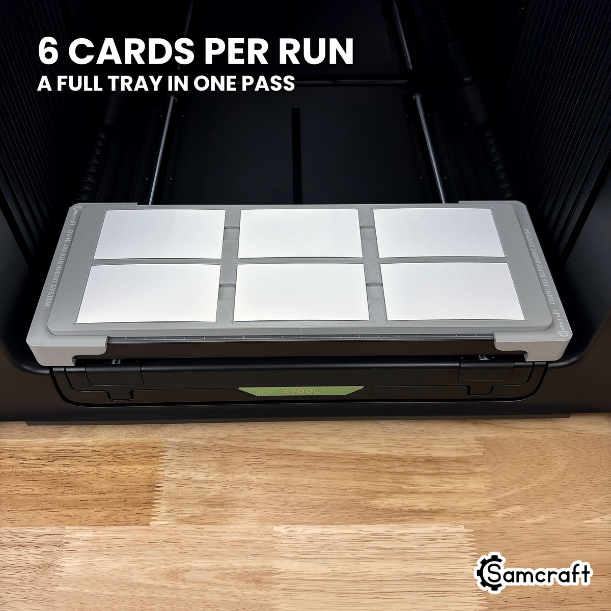 Front view of the Samcraft paper business card jig for the xTool Omni holding six blank business cards, a full tray in one pass.