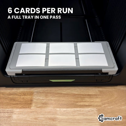 Front view of the Samcraft paper business card jig for the xTool Omni holding six blank business cards, a full tray in one pass.