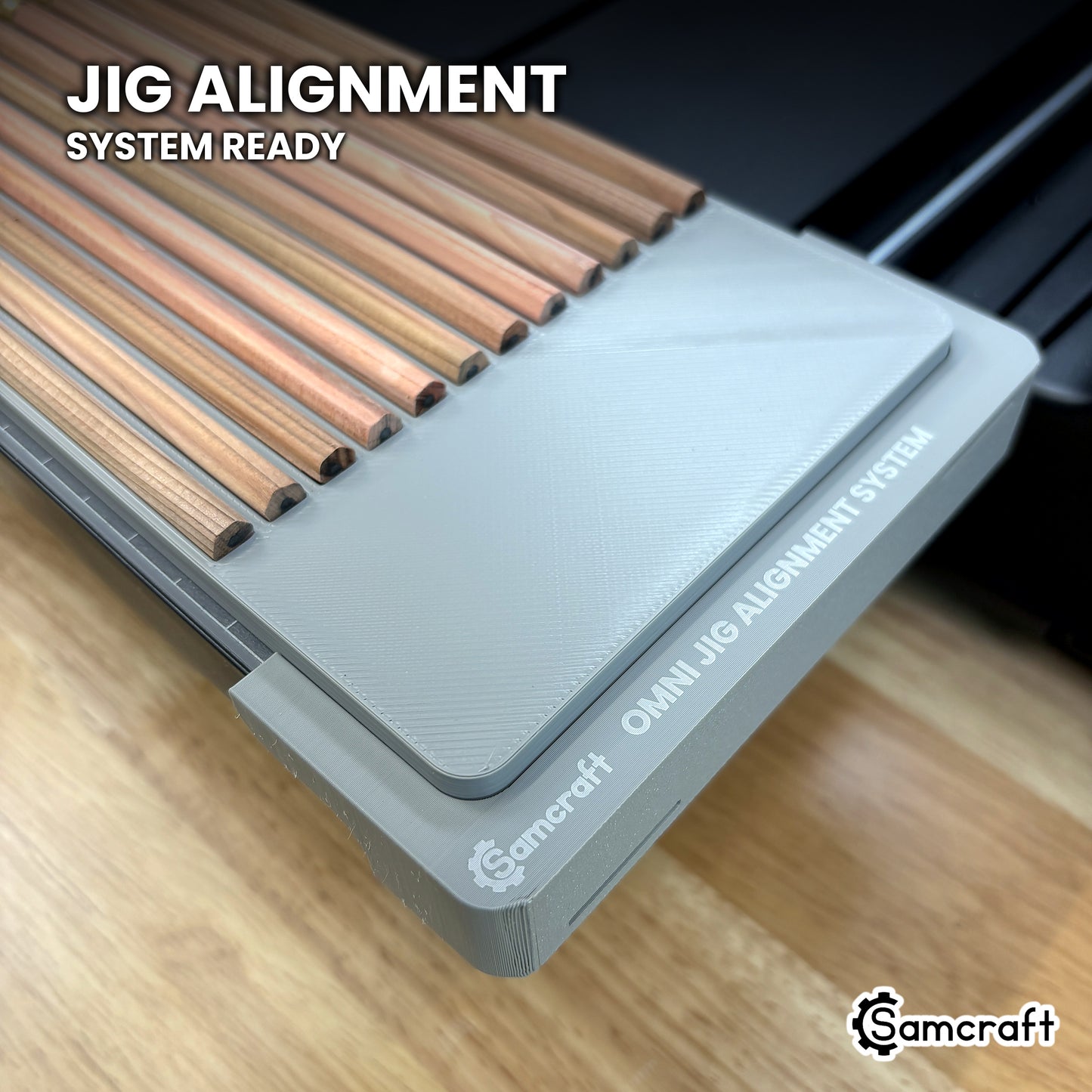 The Samcraft hexagon pencil jig on the Omni Jig Alignment System, the OMNI JIG ALIGNMENT SYSTEM marking clearly visible along the edge.