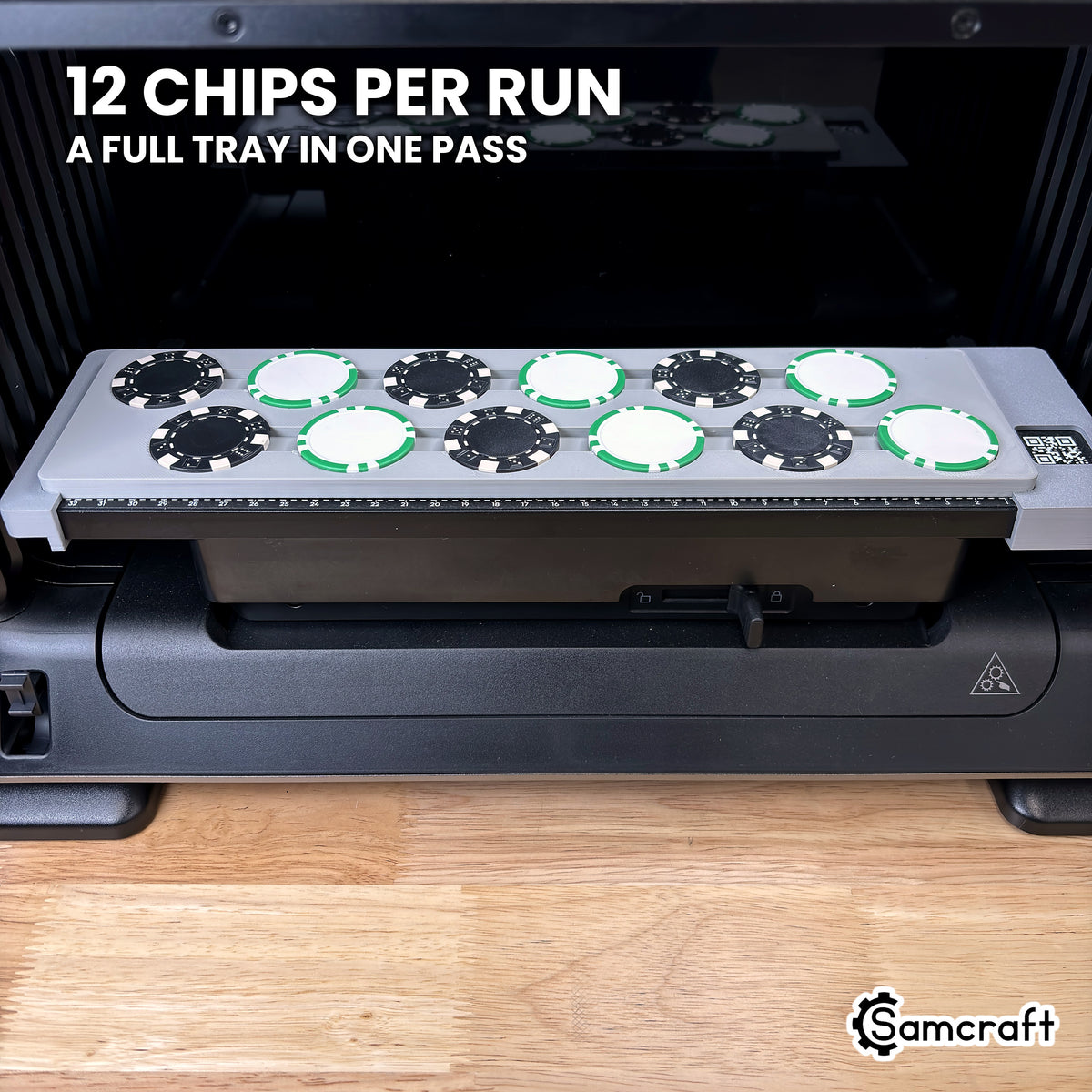 Front view of the Samcraft poker chip jig for the eufyMake E1 holding a full set of 12 poker chips, a full tray in one pass.