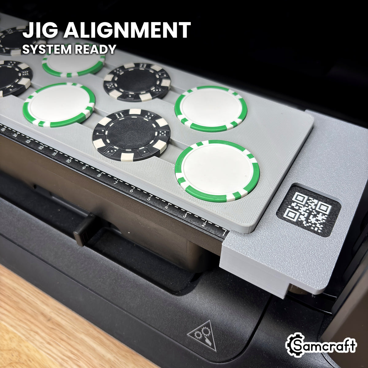 Close-up of the Samcraft poker chip jig seated against the eufyMake E1 Jig Alignment System end piece, with its QR code label visible.