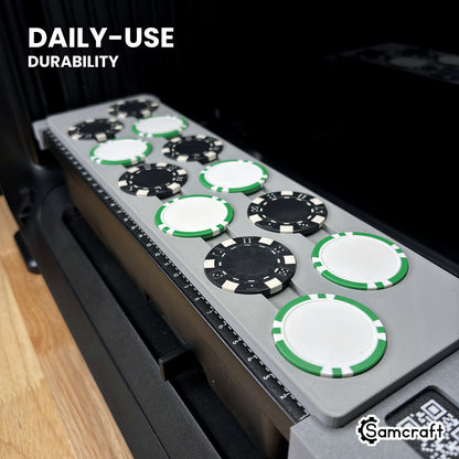 Samcraft eufyMake E1 poker chip jig loaded with chips, shown at an angle to highlight its solid one-piece build.