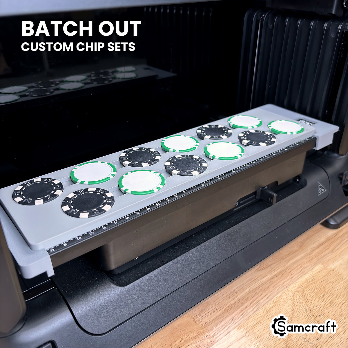 Samcraft poker chip jig on the eufyMake E1 UV printer bed holding 12 chips, ready to batch out custom poker chip sets.