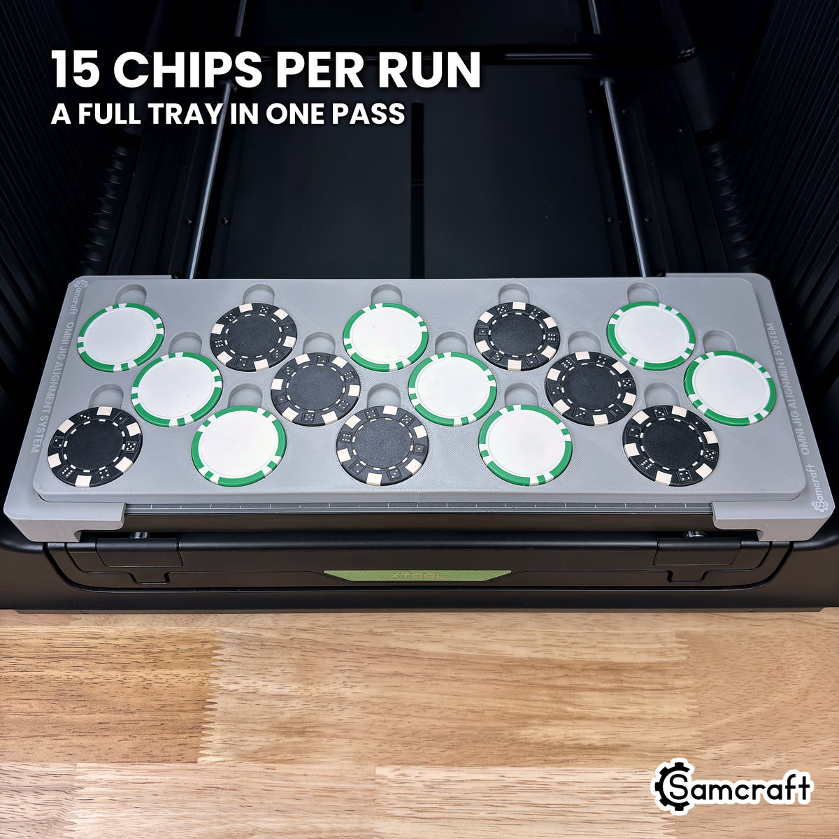 Front view of the Samcraft poker chip jig for the xTool Omni holding a full set of 15 poker chips, a full tray in one pass.