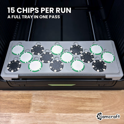 Front view of the Samcraft poker chip jig for the xTool Omni holding a full set of 15 poker chips, a full tray in one pass.