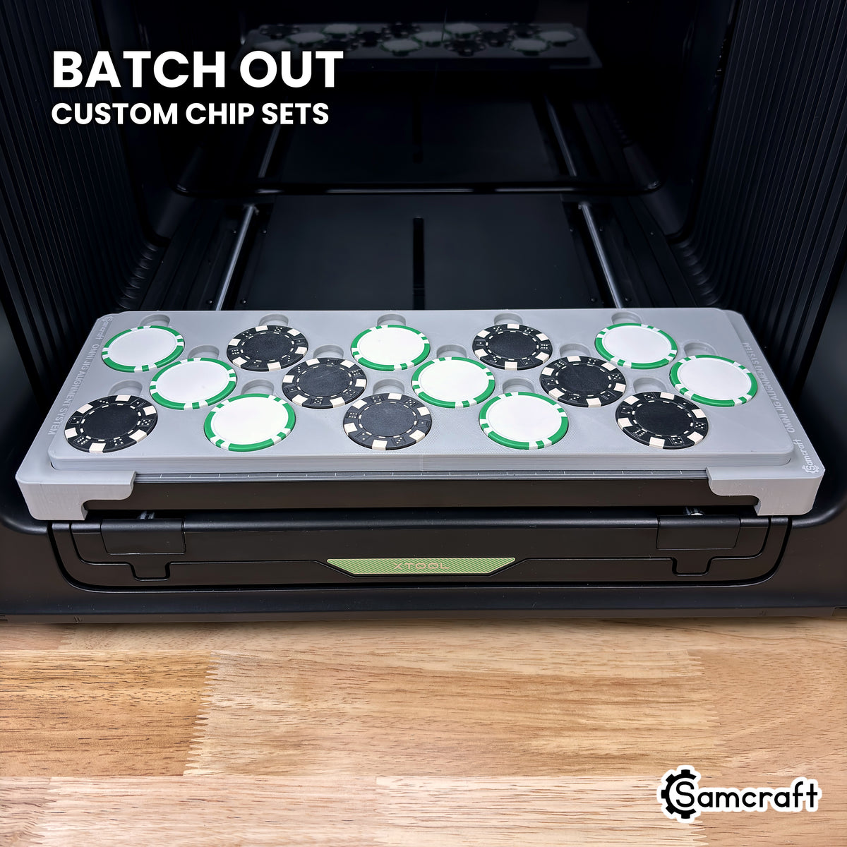 Samcraft poker chip jig on the xTool Omni UV printer bed holding 15 chips, ready to batch out custom poker chip sets.