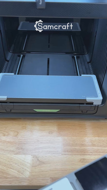 Video of the Samcraft business card and ID badge jig for the xTool Omni UV printer being loaded with card blanks and placed on the printer bed.