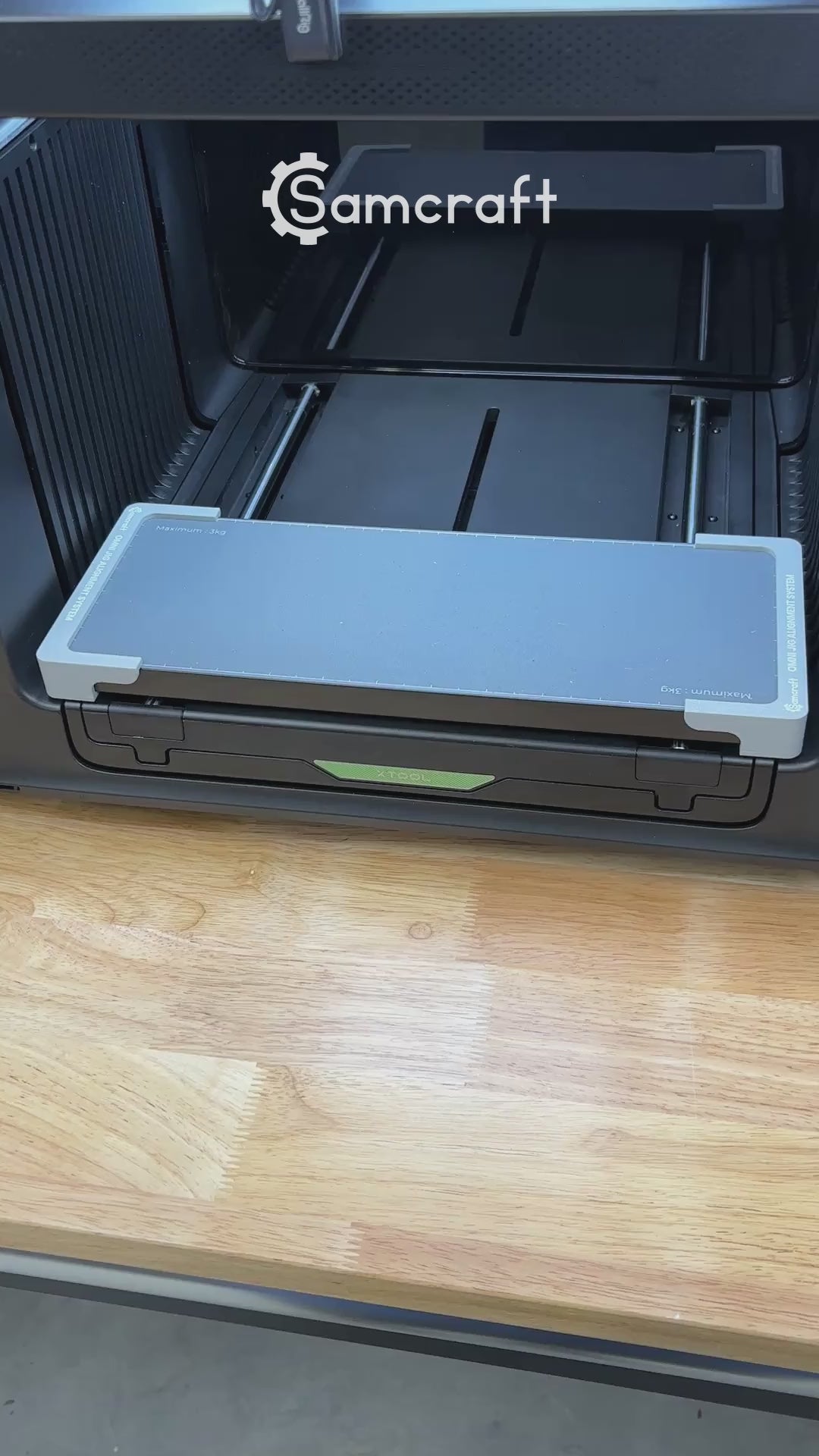 Video of the Samcraft baseball, softball and pickleball jig for the xTool Omni UV printer, with balls seated in the spherical cradles on the printer bed.