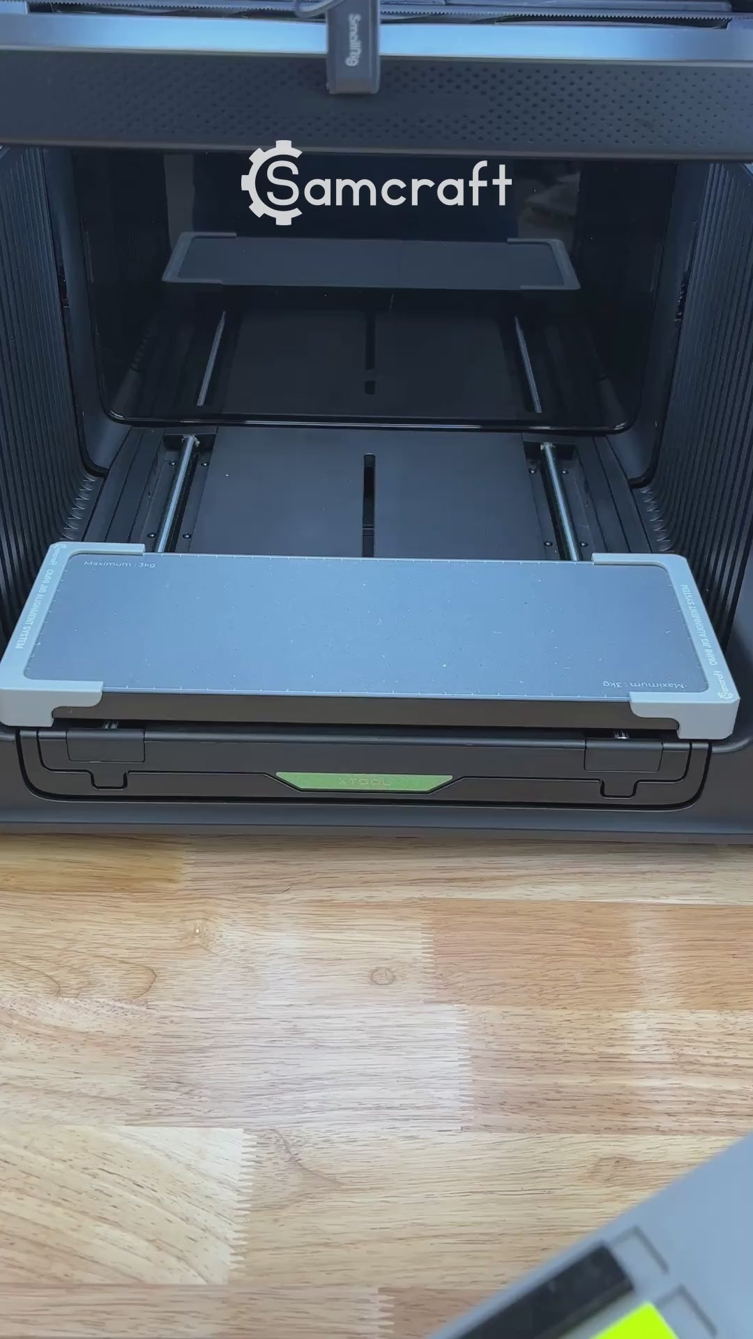 Video of the Samcraft carpenter pencil jig for the xTool Omni UV printer, loaded with carpenter pencils and placed on the printer bed.
