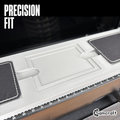 Rectangle Patch Jig for the eufyMake E1 — close-up of the recessed rectangular pockets in the gray 3D-printed tray with black leather patches and built-in alignment ruler, highlighting the precision fit.