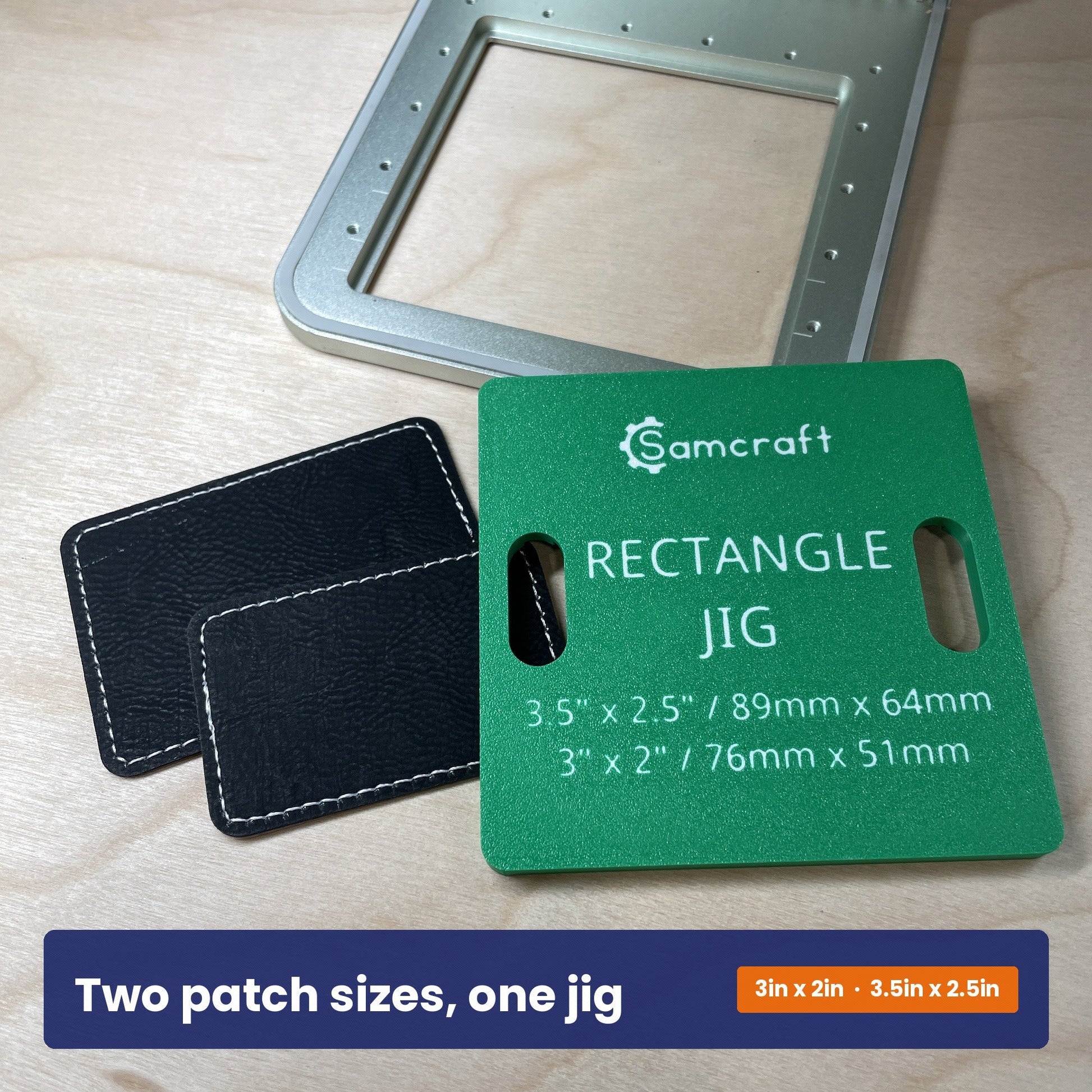 Samcraft rectangle patch jig shown beside two black leatherette patches, with both patch sizes marked on the jig.