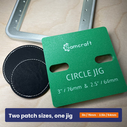 Samcraft round patch jig shown beside two black leatherette round patches, with both patch diameters marked on the jig.