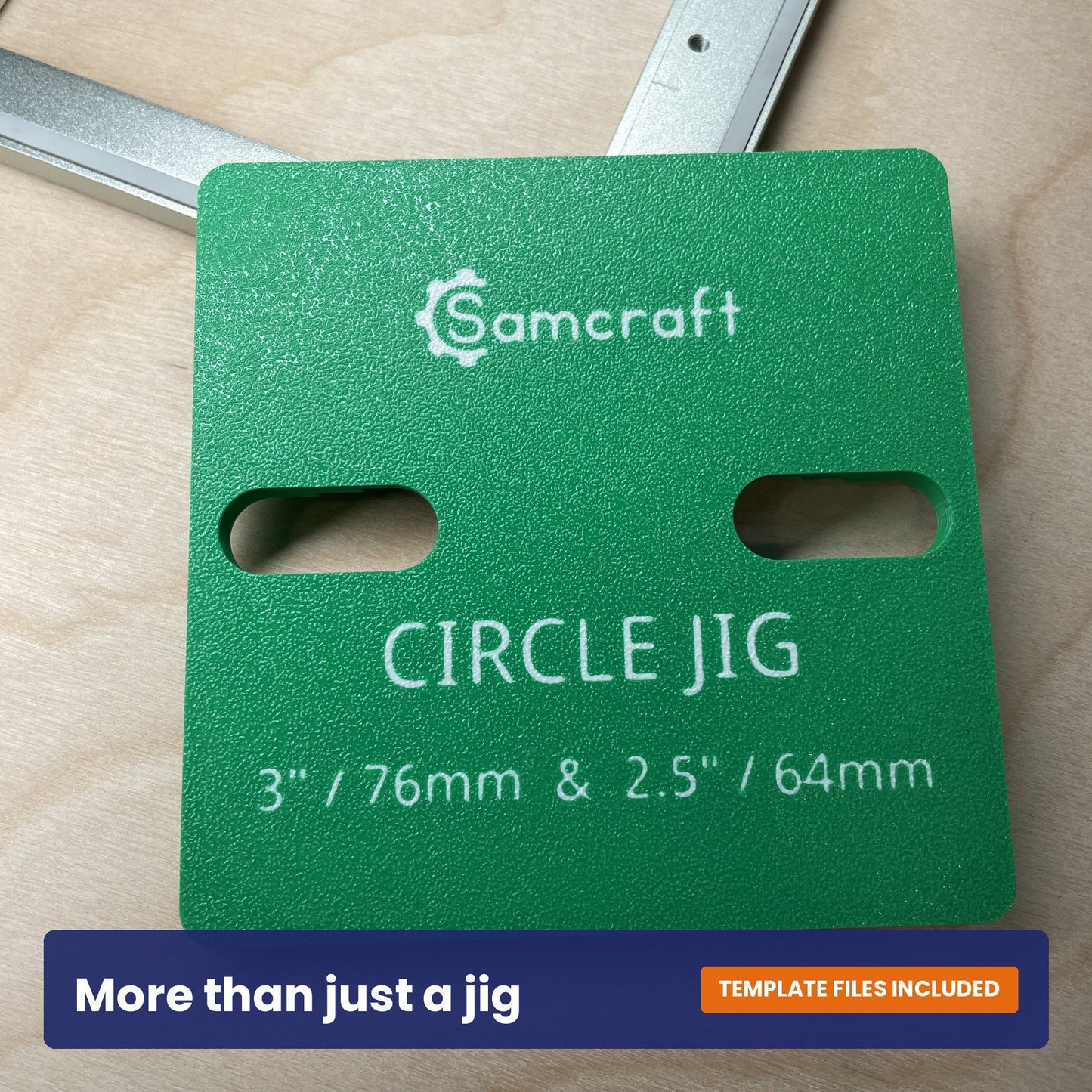 Face of the Samcraft round patch jig showing the Samcraft logo and the two patch sizes it accepts.