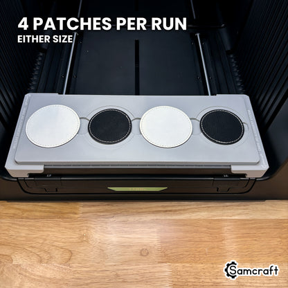 Samcraft round patch jig for the xTool Omni loaded with four round leatherette patches, a full set printed in one job.