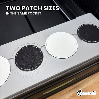 Two sizes of round leatherette patch shown side by side in the Samcraft xTool Omni jig, both seated from the same nested pocket.