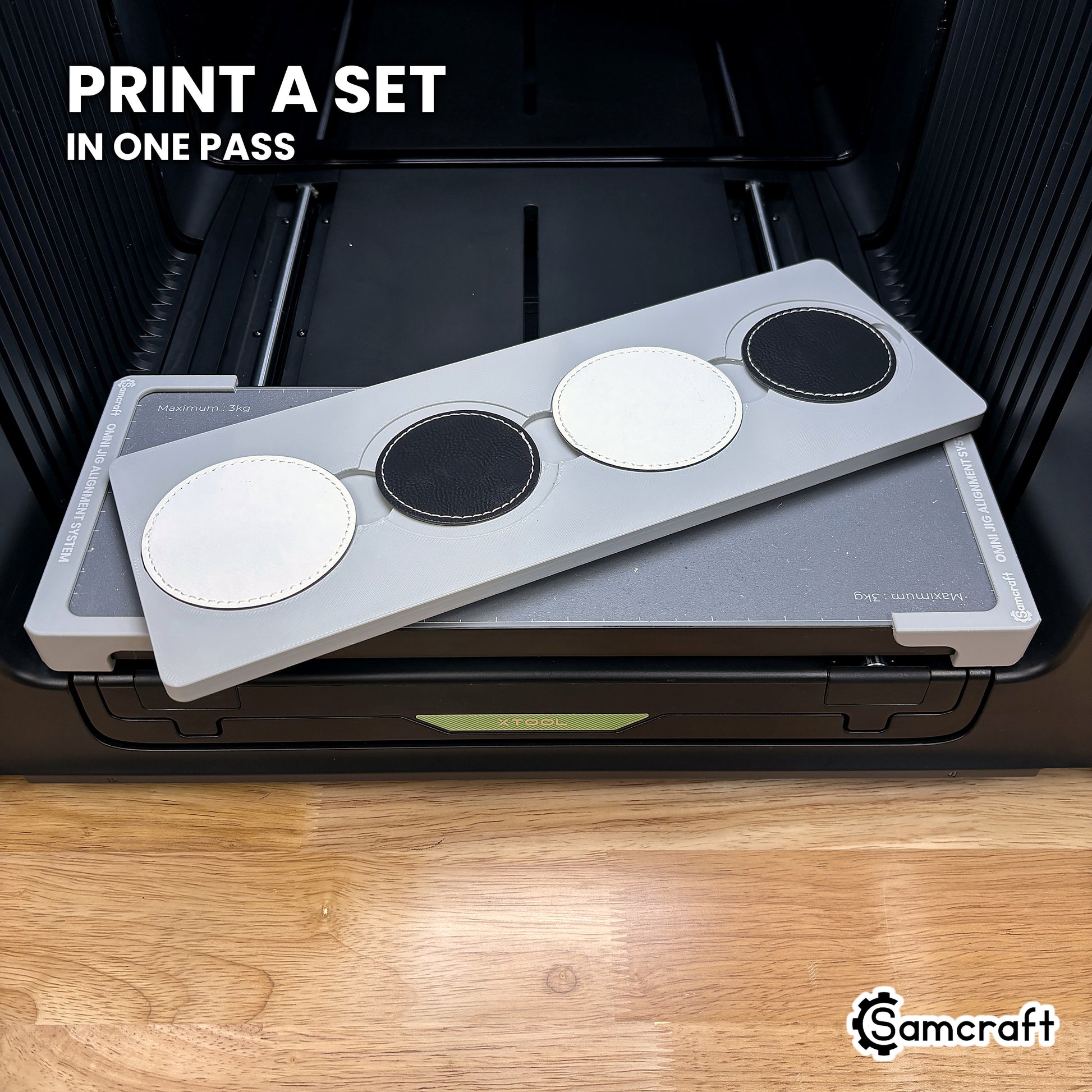 Four printed round leatherette patches in the Samcraft xTool Omni jig, a matching set finished in a single job.