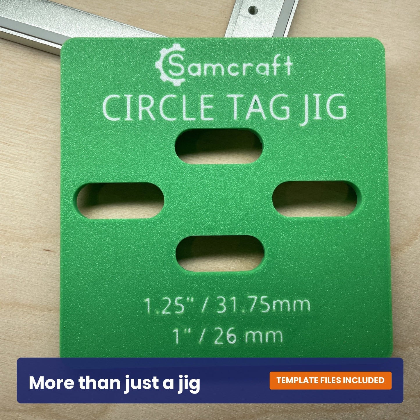 Back of the Samcraft round pet tag jig showing the Samcraft logo and the two tag diameters it accepts.