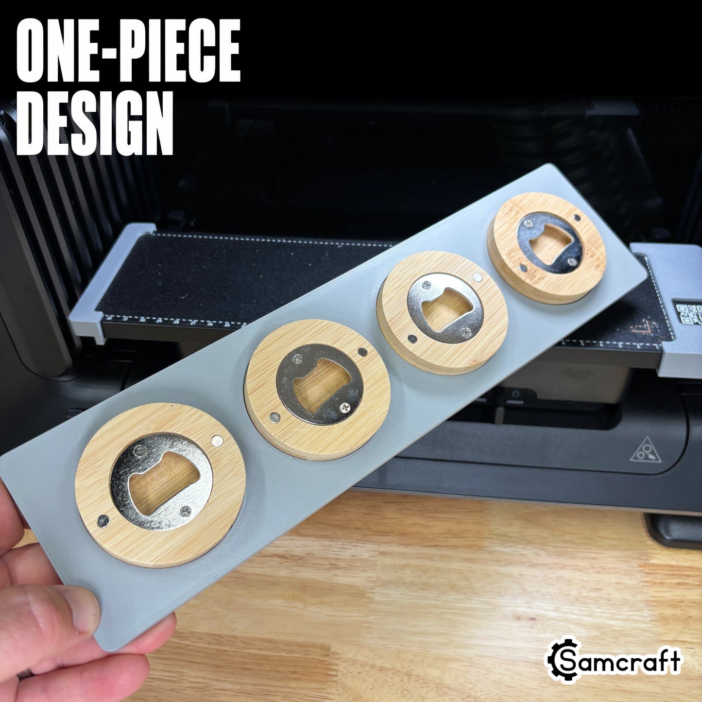 One-piece Samcraft Round Wooden Opener Jig held in hand, loaded with four wooden bottle openers
