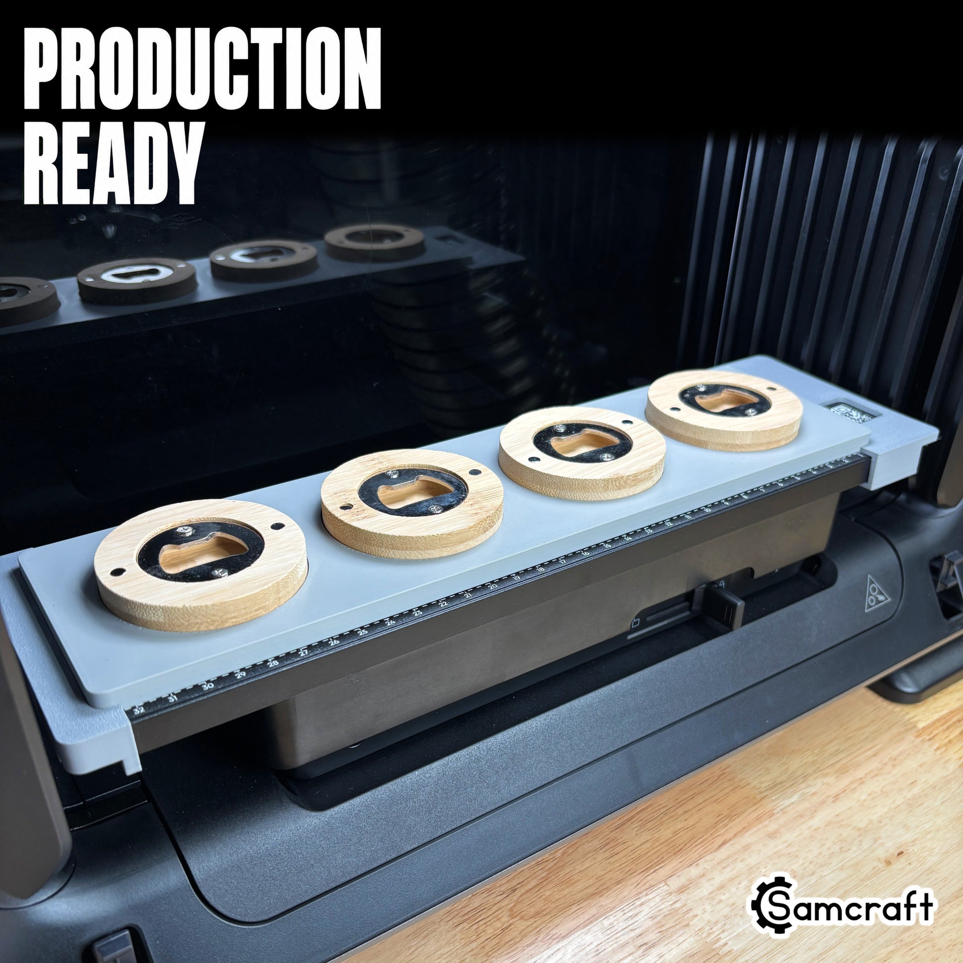 Samcraft Round Wooden Opener Jig loaded with four blank wooden bottle openers, seated on the eufyMake E1 print bed