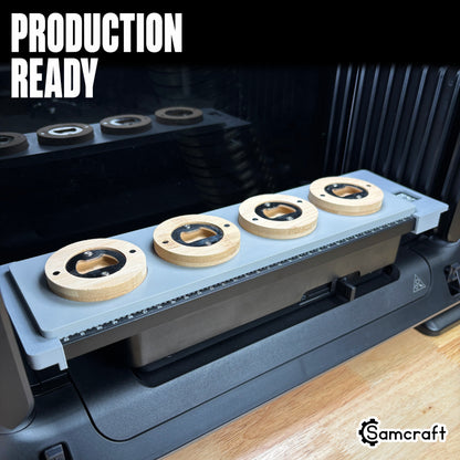 Samcraft Round Wooden Opener Jig loaded with four blank wooden bottle openers, seated on the eufyMake E1 print bed