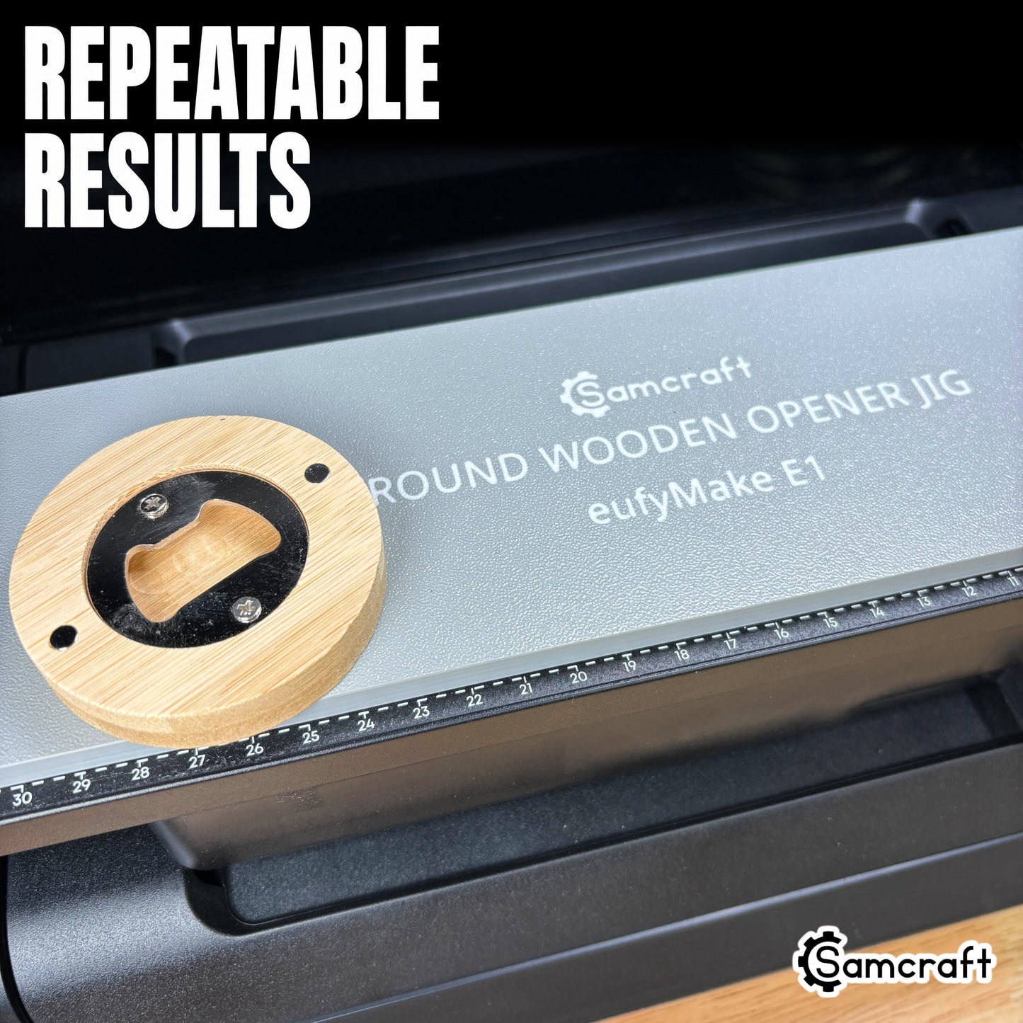 Samcraft Round Wooden Opener Jig engraved with its name and eufyMake E1, one wooden bottle opener seated in a pocket