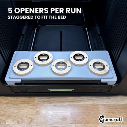 Samcraft round wooden opener jig for the xTool Omni loaded with five openers, staggered to use the full bed width.