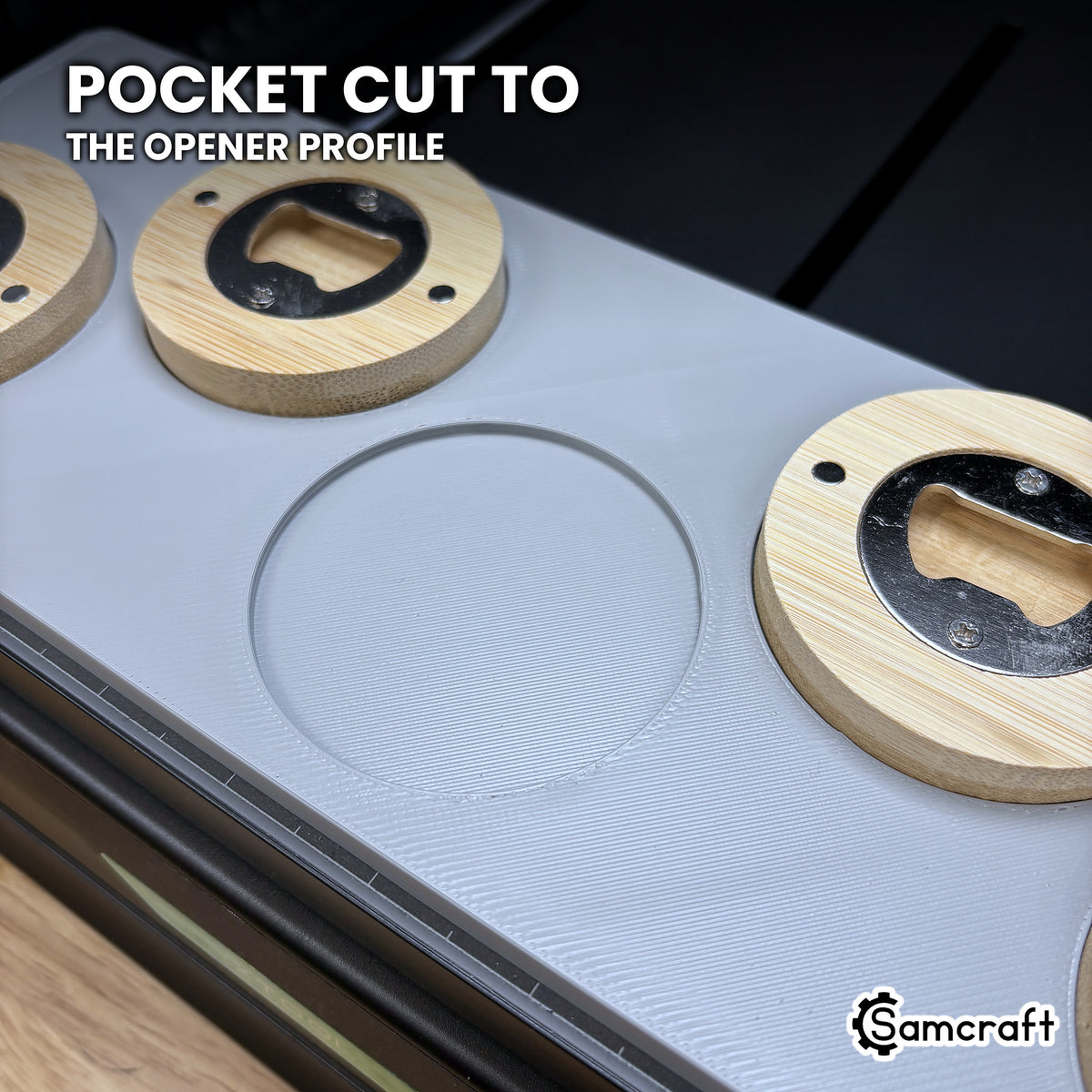 Empty pocket in the Samcraft xTool Omni round wooden opener jig, cut to the opener's round profile.