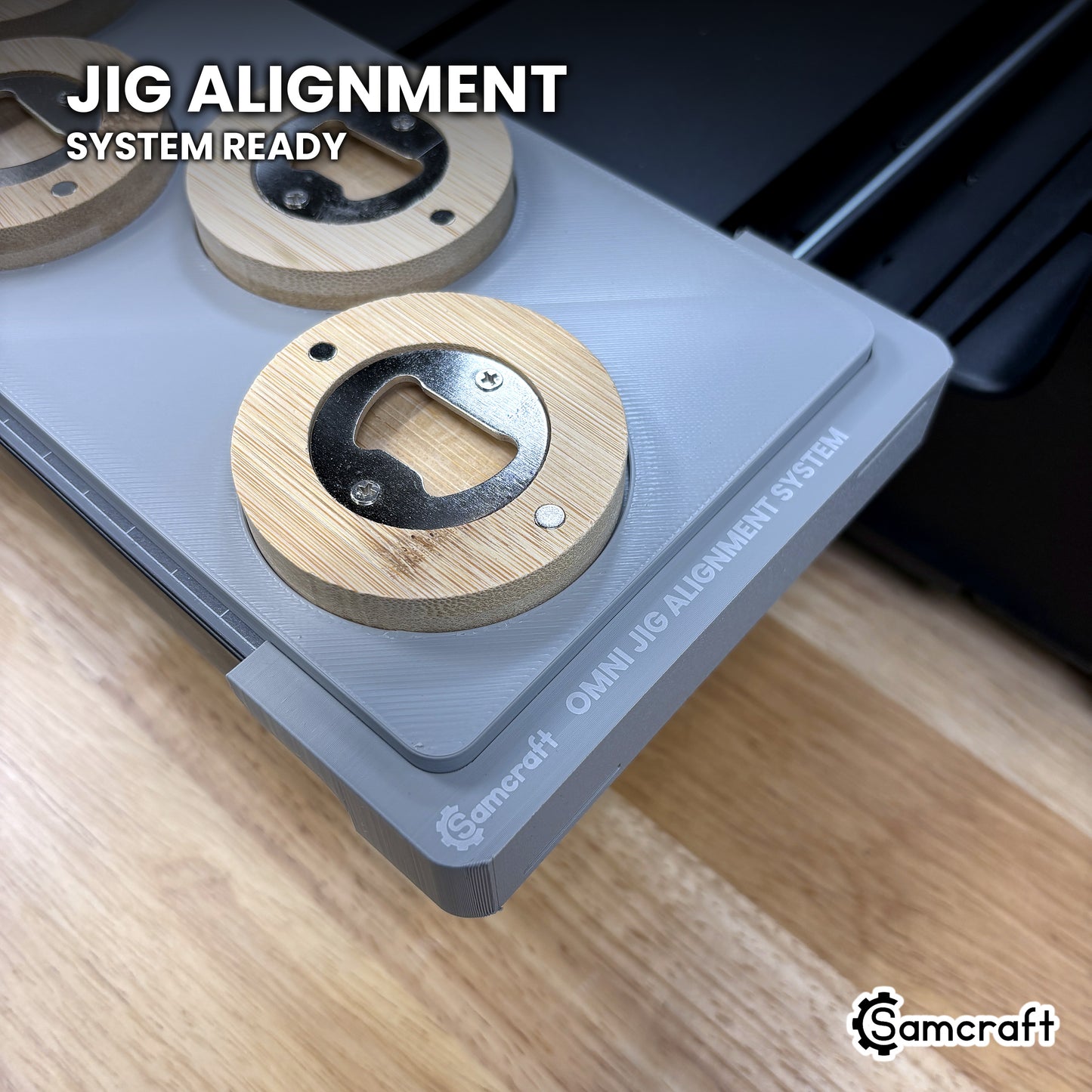 Samcraft round wooden opener jig seated on the optional Samcraft Omni Jig Alignment System, the alignment system lettering visible along the edge.
