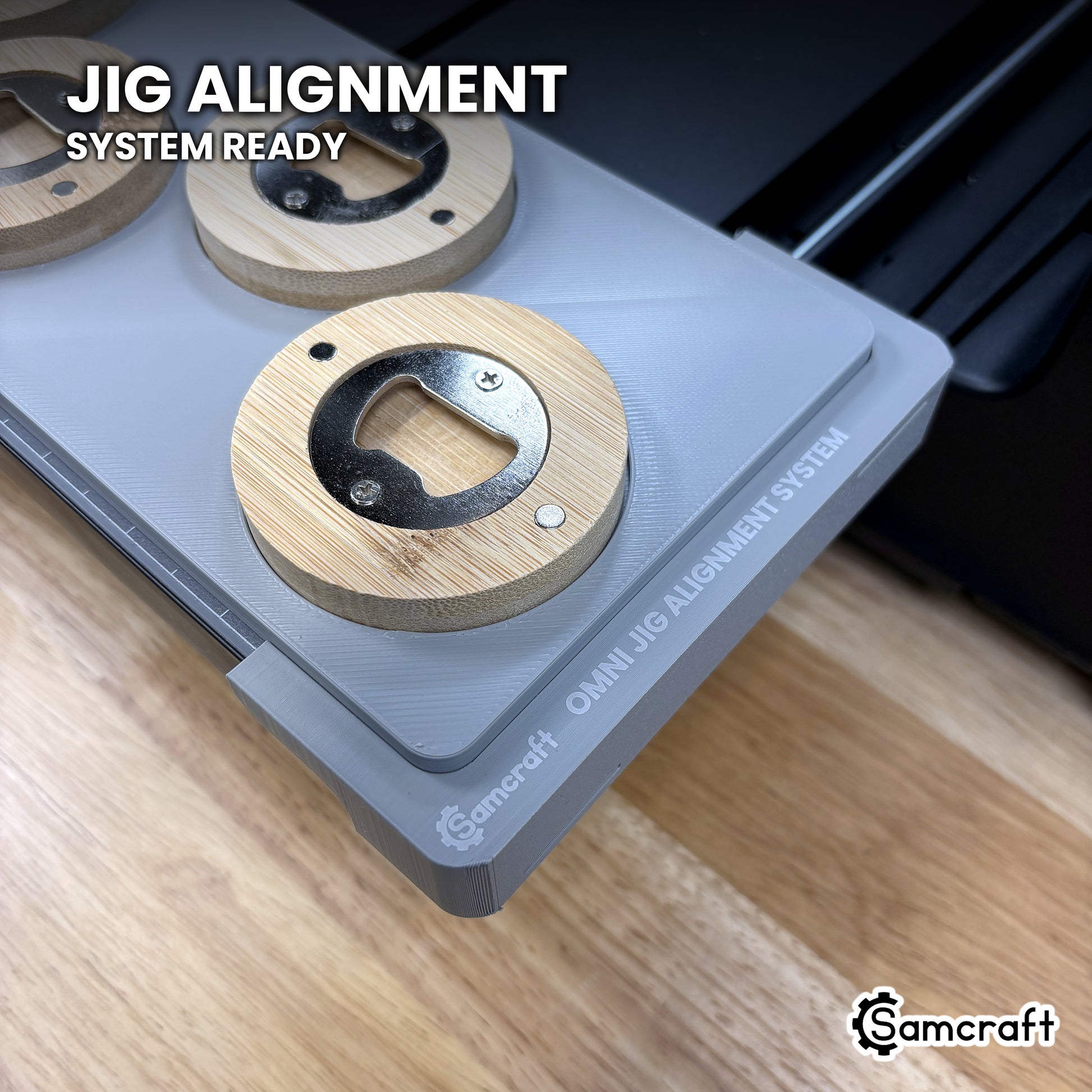 Samcraft round wooden opener jig seated on the optional Samcraft Omni Jig Alignment System, the alignment system lettering visible along the edge.