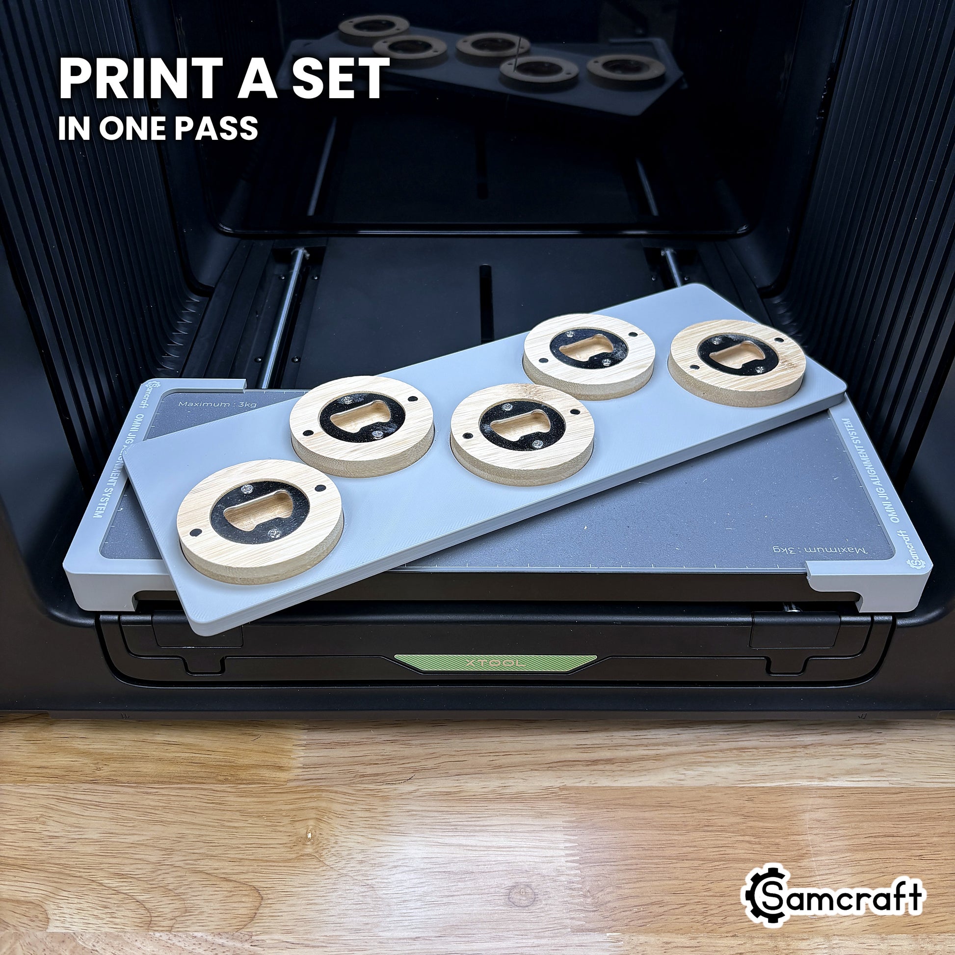 Samcraft xTool Omni round wooden bottle opener jig filled with five bamboo openers, a full gift set printed in one pass.