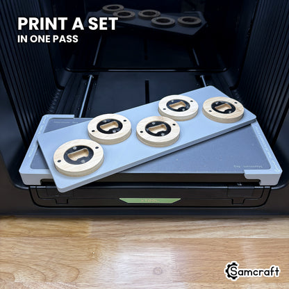 Samcraft xTool Omni round wooden bottle opener jig filled with five bamboo openers, a full gift set printed in one pass.