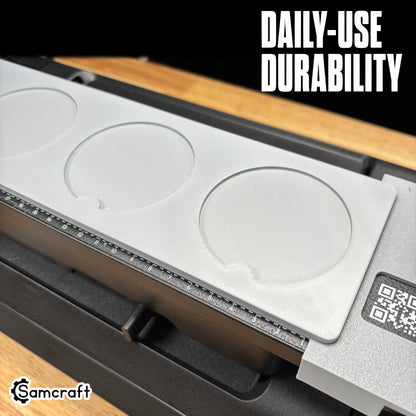 Close-up of the Samcraft car coaster jig's durable 3D-printed coaster recesses and the eufymake uv printer