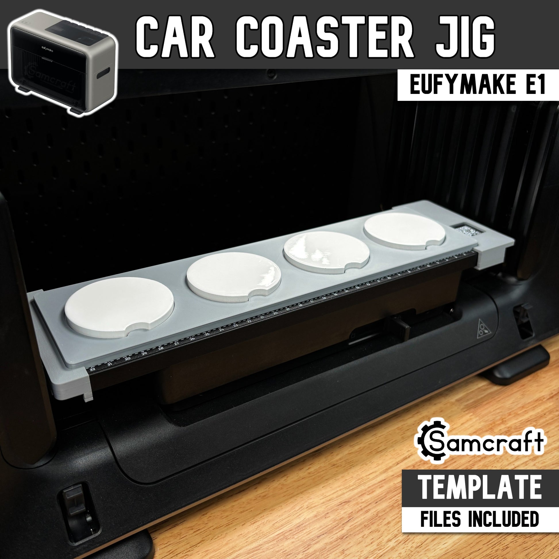 Samcraft car coaster jig holding four round coasters on the bed of a eufyMake E1 UV printer, template files included