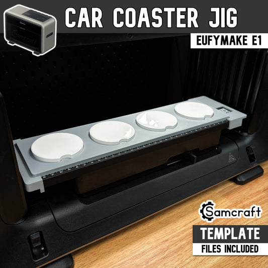 Samcraft car coaster jig holding four round coasters on the bed of a eufyMake E1 UV printer, template files included
