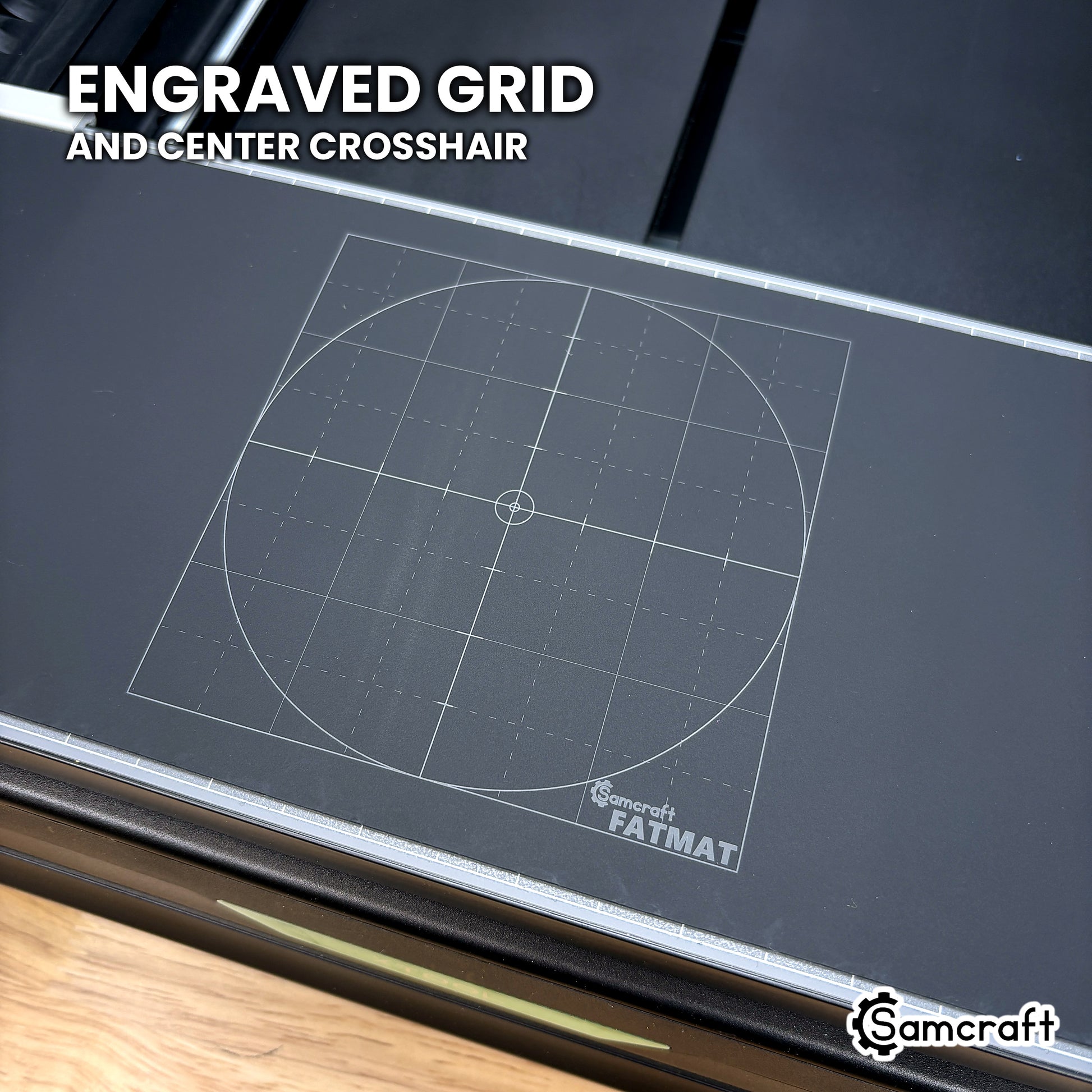 Engraved grid and center crosshair on the Samcraft Jig Size FatMat for the xTool Omni.